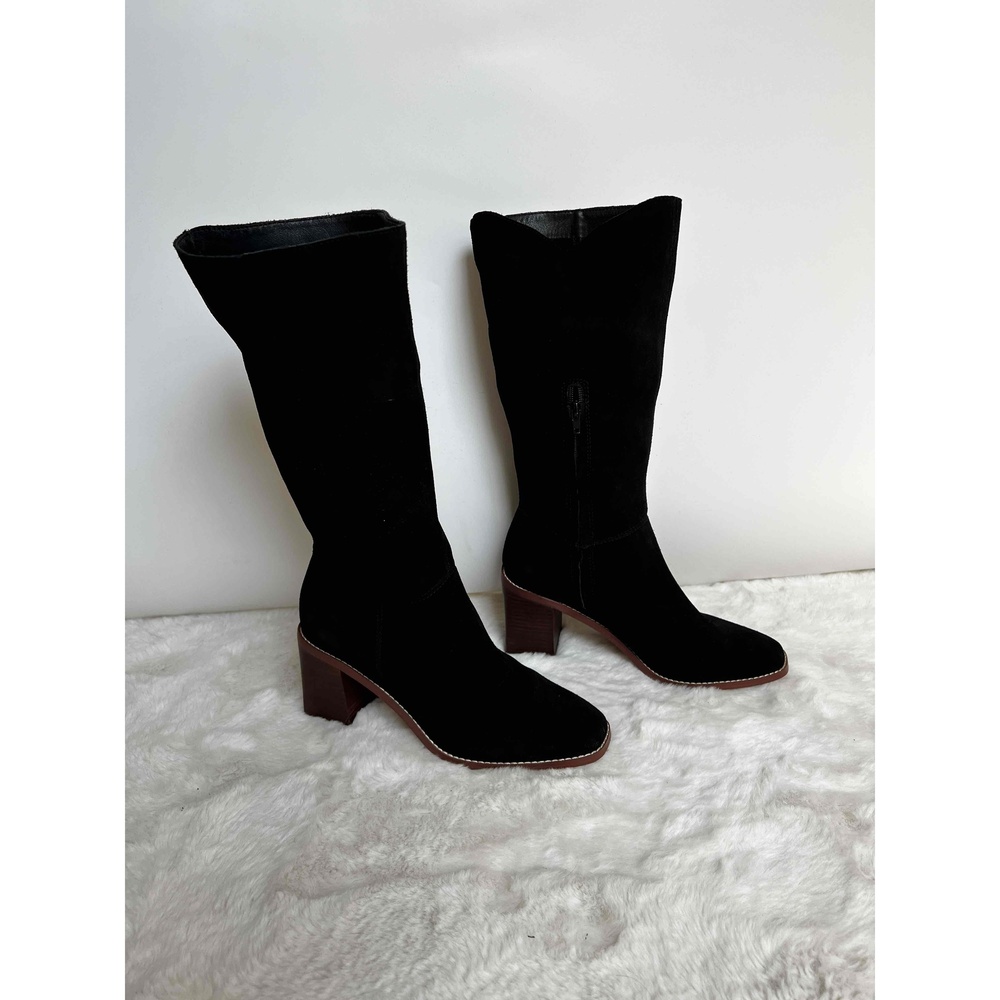 Crown Vintage Black Knee High Zipper High Heel Boots Womens Suede Size 9